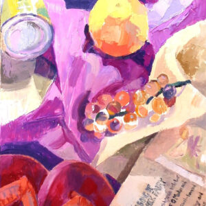Pintura de unas uvas y una manzana sobre una toalla rosa