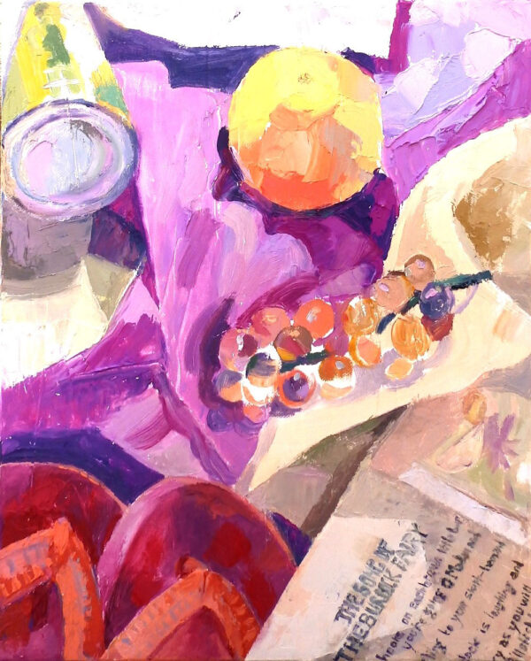 Pintura de unas uvas y una manzana sobre una toalla rosa