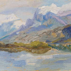 Pintura de montañas en el mar
