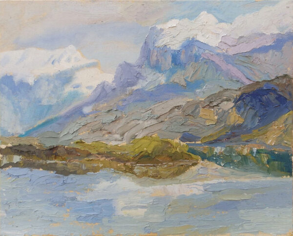 Pintura de montañas en el mar