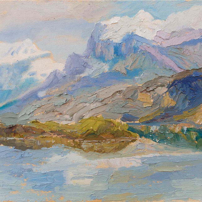 Pintura de un paisaje montañoso