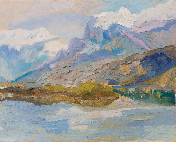 Pintura de un paisaje montañoso