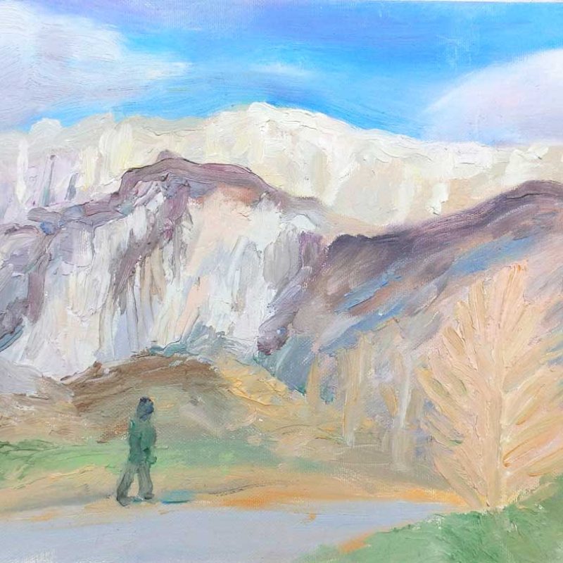 Pintura de una persona caminando por las montañas