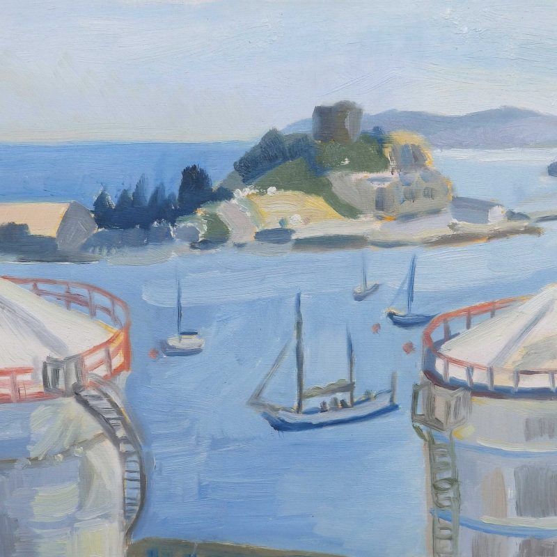 Pintura de barcos en el mar con unas estaciones petrolíferas