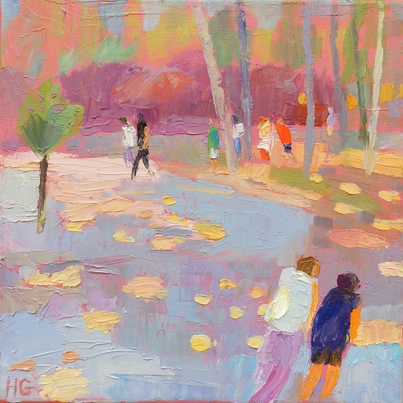 Pintura de un parque al atardecer