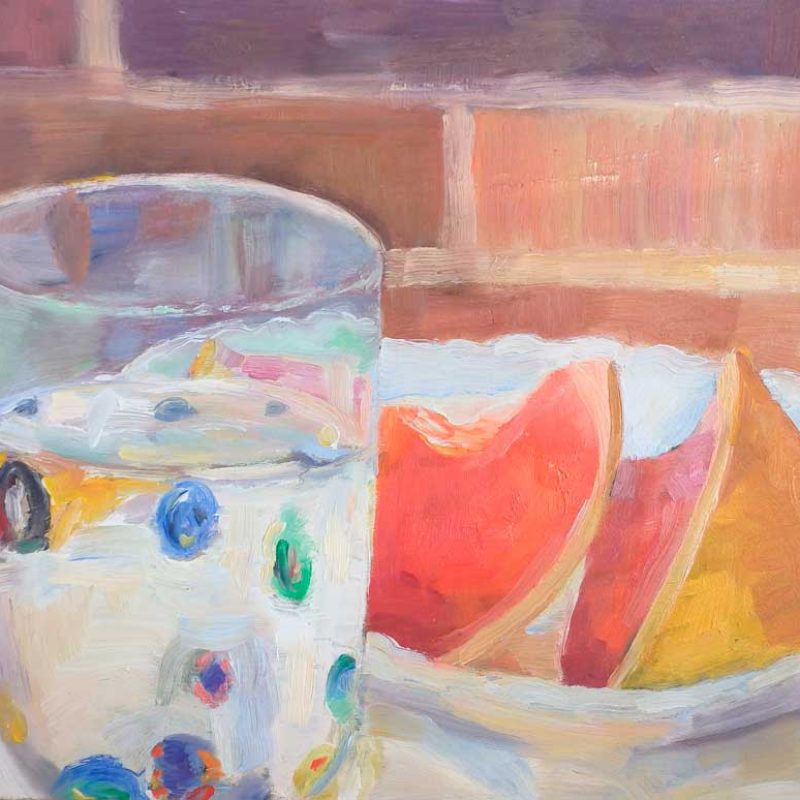 Pintura de unos gajos de pomelo encima de una mesa