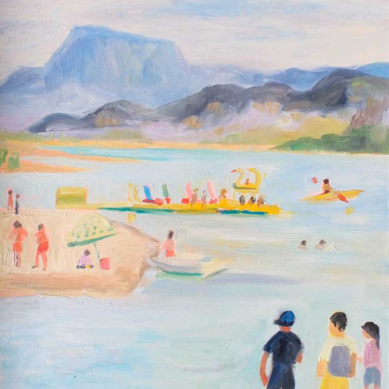 Pintura de una playa con personas haciendo kayak