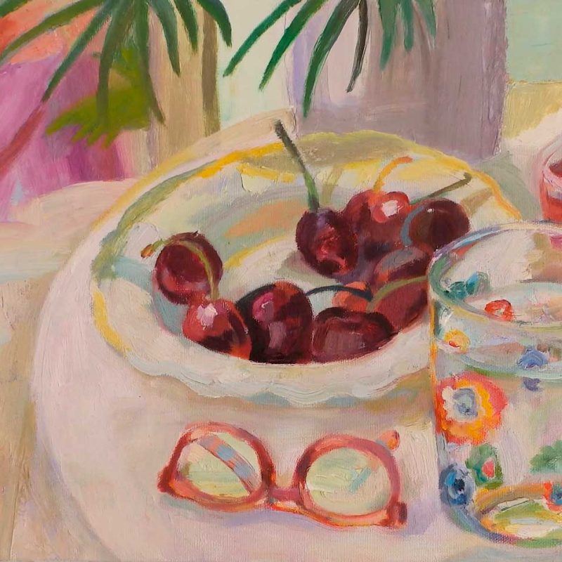 Pintura de un bodegón con cerezas y gafas