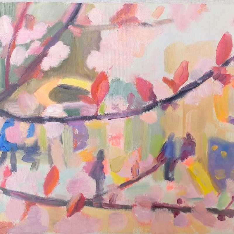 Pintura de ramas de un árbol con flores